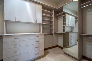 Walk in closet with light colored carpet