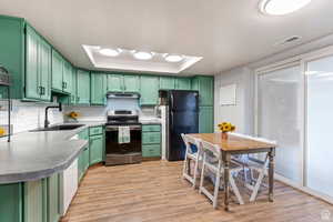 Kitchen with stainless steel stove, black fridge, green cabinetry, and a tray ceiling