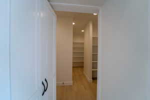 Walk in closet with light hardwood / wood-style flooring