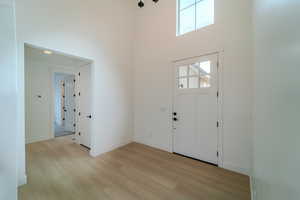 Entryway with light hardwood / wood-style floors and a towering ceiling