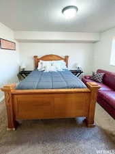 Carpeted bedroom featuring a textured ceiling