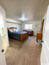 Carpeted bedroom with a textured ceiling