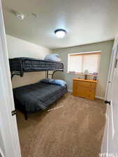 Bedroom with light colored carpet and a textured ceiling