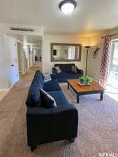 Carpeted living room with a textured ceiling