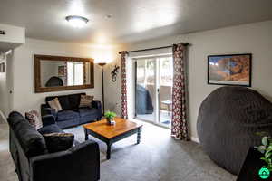 Living room with carpet floors and baseboards