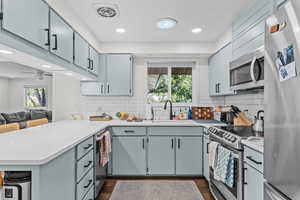 Kitchen featuring kitchen peninsula, backsplash, stainless steel appliances, and sink