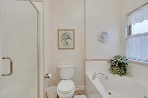 Bathroom featuring separate shower and tub and toilet