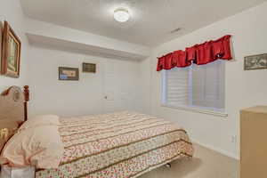 Bedroom with carpet flooring and a textured ceiling