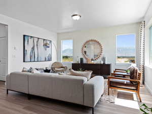 Living room with hardwood / wood-style flooring, a mountain view, and plenty of natural light