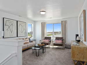 Living room featuring carpet and a textured ceiling