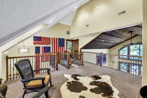 Loft sitting area with vaulted ceiling, overlooking living room and picture windows