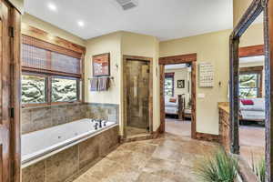 Master bath with plenty of natural light, vanity, relaxing, jetted tub and walk in shower