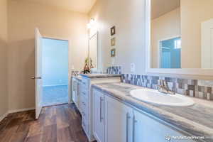 Bathroom featuring wood-type flooring, vanity, and tasteful backsplash