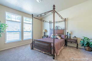 Bedroom with a textured ceiling, light carpet, and multiple windows