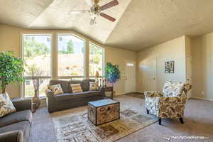 Carpeted living room featuring ceiling fan, a healthy amount of sunlight, a textured ceiling, and vaulted ceiling