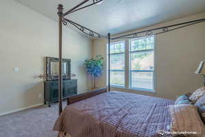 Bedroom with carpet, lofted ceiling, and a textured ceiling