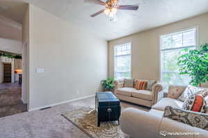 Living room featuring carpet flooring, a textured ceiling, and ceiling fan