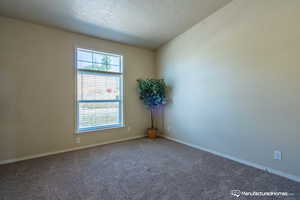 Carpeted empty room with lofted ceiling and a textured ceiling