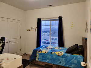 Carpeted bedroom with a mountain view and a closet