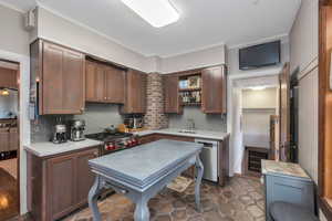 Kitchen with range, dark brown cabinetry, sink, stainless steel dishwasher, and tasteful backsplash