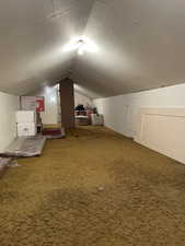 Bonus room featuring lofted ceiling, a textured ceiling, and carpet flooring