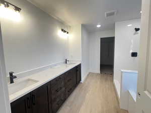 Bathroom with vanity and hardwood / wood-style flooring