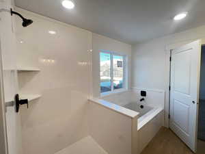 Bathroom featuring wood-type flooring and plus walk in shower