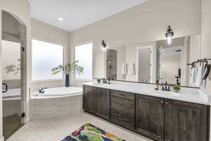 Bathroom featuring separate shower and tub and vanity