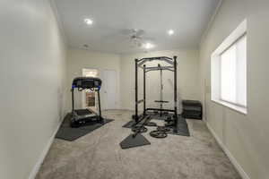 Exercise area with light carpet, ceiling fan, and crown molding