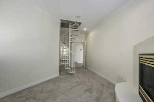 Unfurnished living room with light carpet and ornamental molding