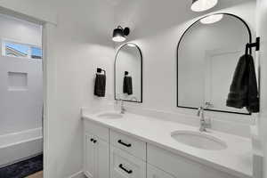 Bathroom featuring vanity and bathing tub / shower combination