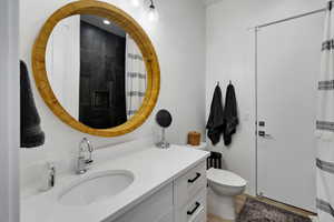 Bathroom featuring toilet, vanity, and walk in shower