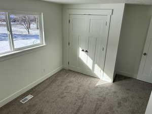 Unfurnished bedroom with multiple windows, a closet, and carpet