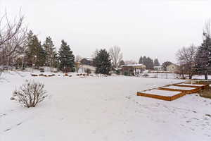 View of yard layered in snow