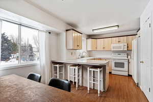 Kitchen with sink, light brown cabinets, kitchen peninsula, white appliances, and a kitchen bar