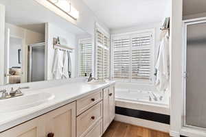 Bathroom with plus walk in shower, vanity, and hardwood / wood-style flooring