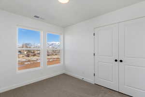 Unfurnished bedroom featuring a mountain view, a closet, and light colored carpet