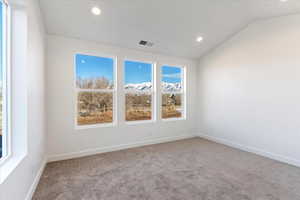 Empty room with carpet and lofted ceiling