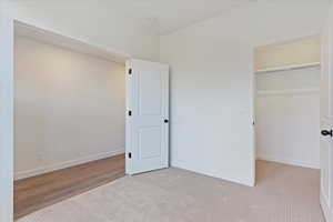 Unfurnished bedroom featuring light colored carpet and a closet