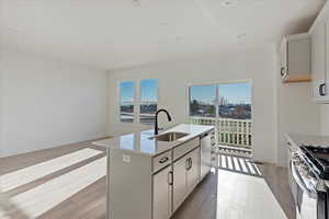 Kitchen with a kitchen island with sink, white cabinets, sink, appliances with stainless steel finishes, and light hardwood / wood-style floors