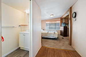 Bedroom with lofted ceiling and dark wood-type flooring