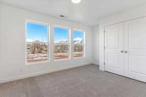 Unfurnished bedroom with a mountain view, light colored carpet, and a closet