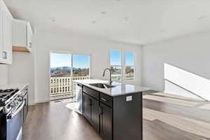 Kitchen with white cabinets, sink, light hardwood / wood-style flooring, an island with sink, and stainless steel appliances