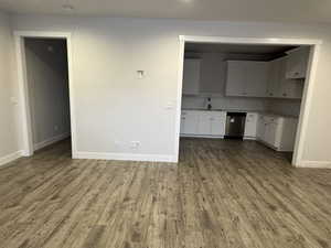 Unfurnished living room featuring dark wood-type flooring and sink