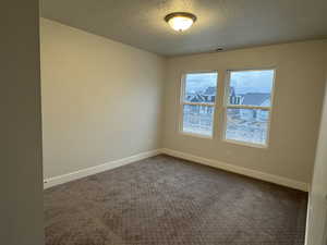 Empty room featuring carpet and a textured ceiling