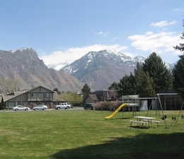 View of property's community featuring a mountain view and a lawn