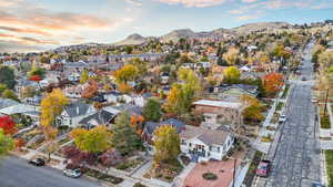 Aerial view at dusk featuring a mountain view