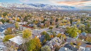 Aerial view at dusk with a mountain view