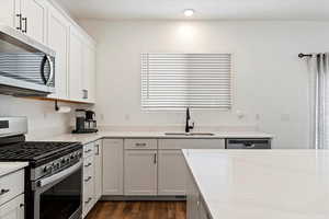 Kitchen featuring light stone countertops, dark hardwood / wood-style flooring, stainless steel appliances, sink, and white cabinets