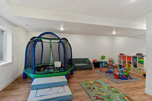 Recreation room with wood-type flooring